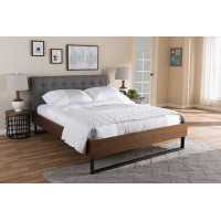 Baxton Studio BBT6652-Grey-Full-XD45 Mitchell Rustic Industrial Walnut Wood Grey Fabric Dark Bronze Metal Full Size Platform Bed